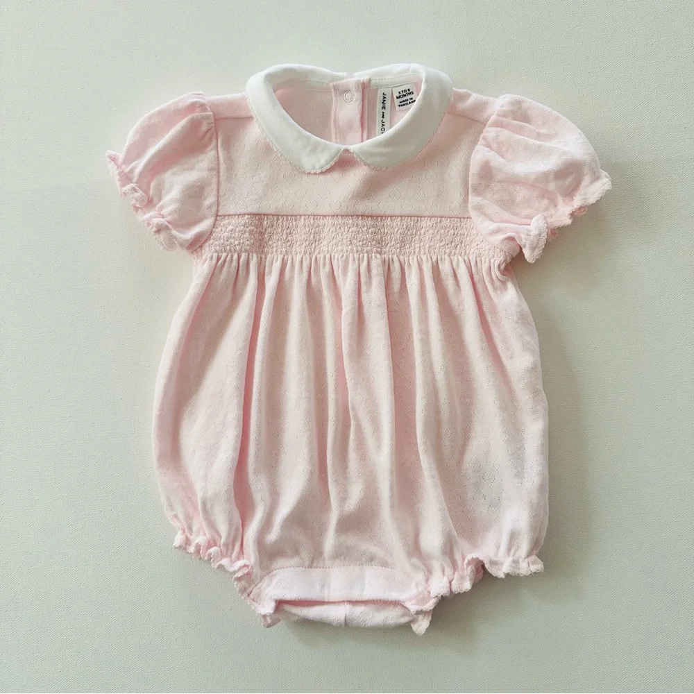 Janie and Jack 3-6 Months Baby Girl Pink Smocked Bubble Romper Peter Pan Collar